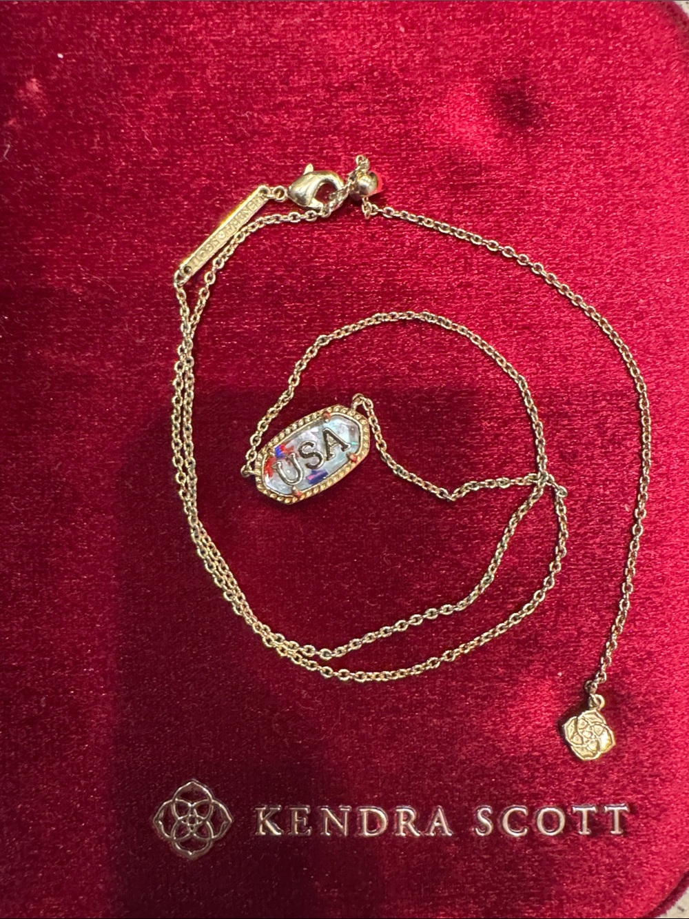 Kendra Scott Gold-tone Pendant Necklace with Red, Blue and White Enamel 'USA'